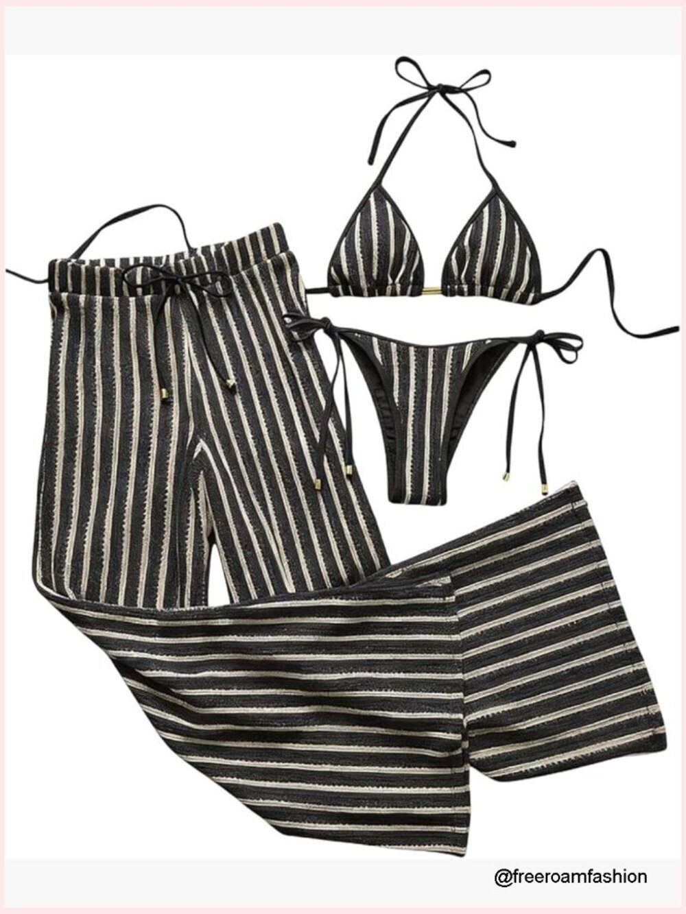 3 Piece Cheeky Striped Crochet Bikini Set with Cover Up Pants